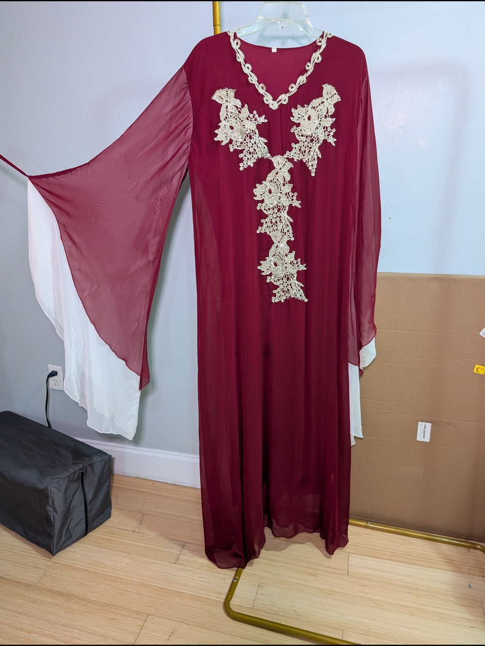 New Burgundy Maxi Dress with Ivory Lace Appliqué